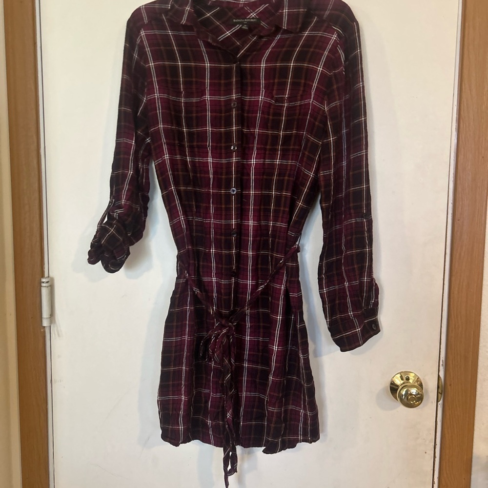 Banana republic roll tab sleeve button down plaid shirt, dress/tunic size 10